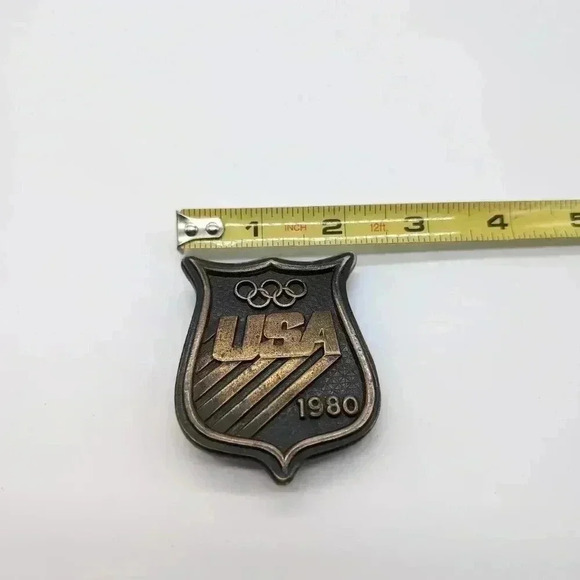 1980 USA Olympic Games rings on shield BERGAMOT BRASS WORKS Belt Buckle - Picture 5 of 5
